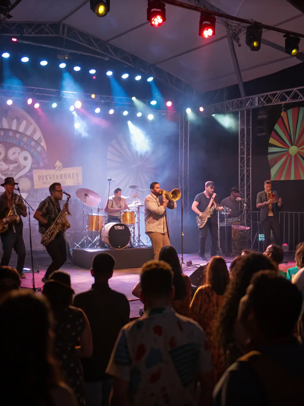 A dynamic image of a jazz ensemble performing at an outdoor festival, capturing the energy and excitement of the event.